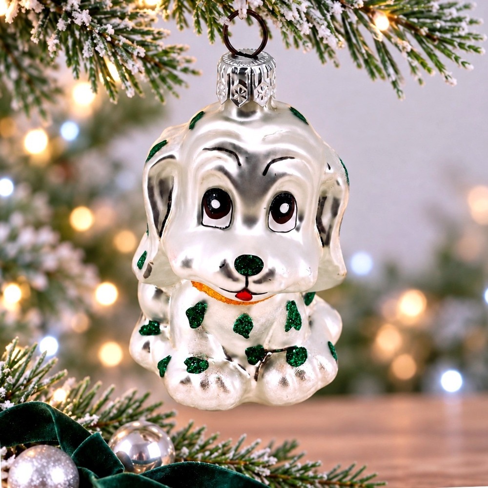 Vintage Polish Hand Blown Glass Dalmatian Puppy Dog Christmas Ornament Glitter